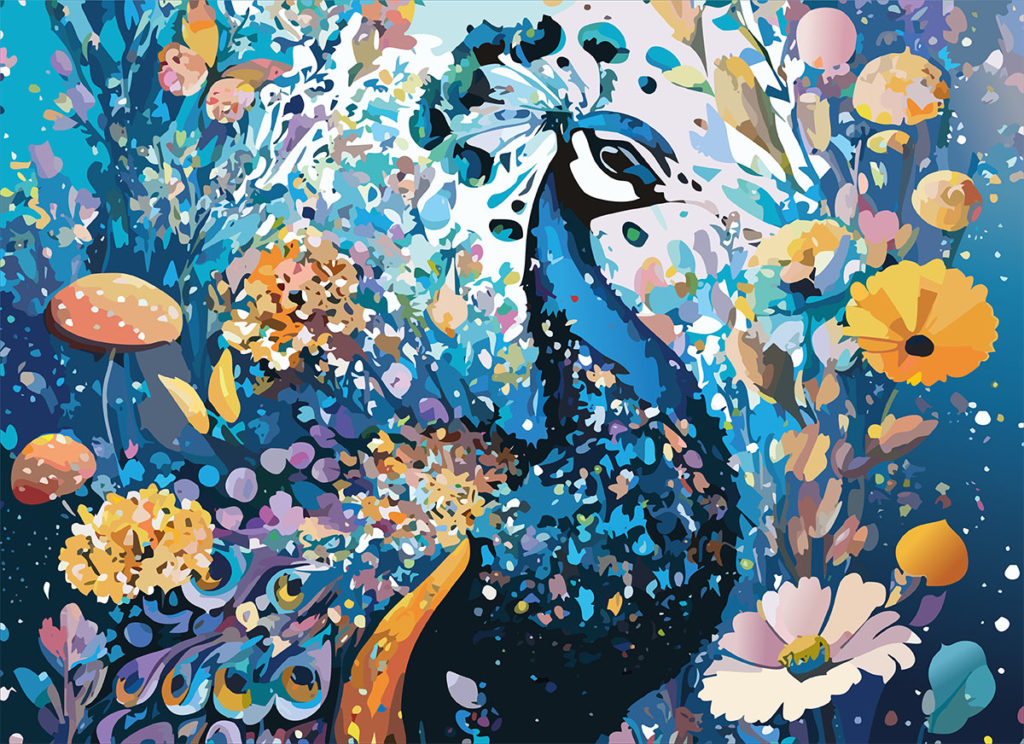 Legales LSD Online Kaufen Ein Pfau in einer wilden bunten Umgebung mit Blumen, Schmetterlingen und Pilzen.